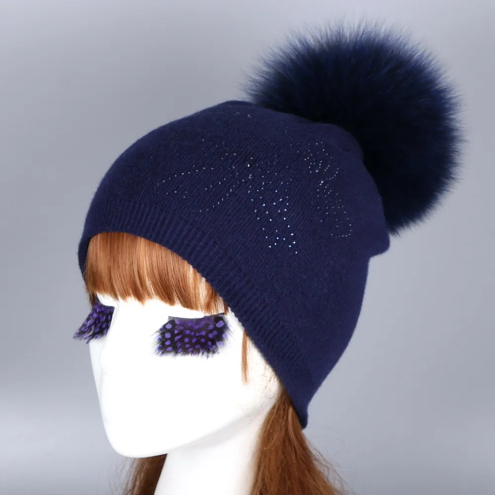 Оптовая продажа женская модная шерстяная зимняя шапка с помпоном из лисы и норки