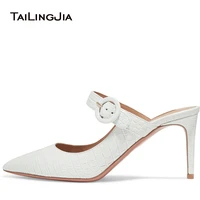 pointed toe high heel mules women white crocodile pattern pumps wedding dress shoes elegant ladies summer heels large size 2018
