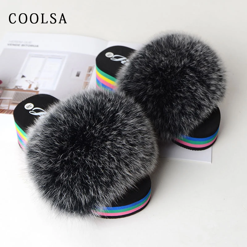 Женские меховые шлепанцы Coolsa на платформе с натуральным мехом лисы мягкие