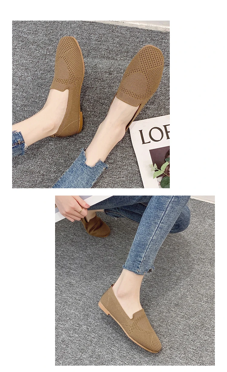 SLHJC Women Summer Autumn Flats Shoes Knit Fabric Breathable Loafers Square Toe Flat Heel Slip Resistance Sneakers Ballet Shoes