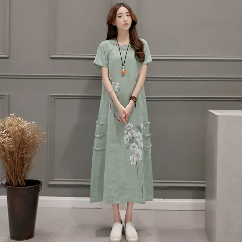 Платье женское из хлопка и льна с принтом повседневное льняное свободное