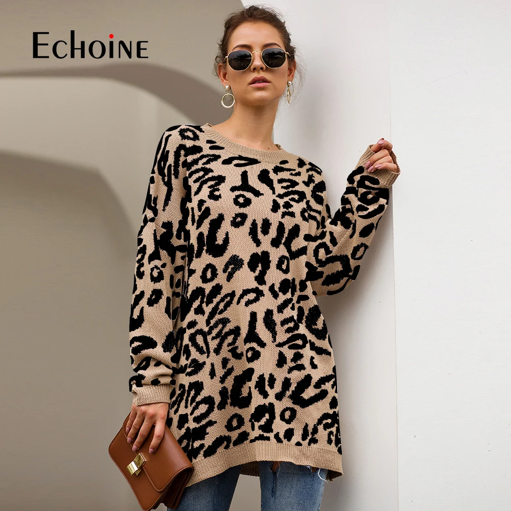 Женский свитер с леопардовым принтом повседневный Свободный пуловер длинным