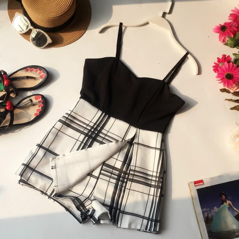 

Summer Ladies Strap Plaid Slim Playsuits Jumpsuits Women High Stretch Slim Adjusted Beach Romper Overalls Jumpsuit Leotard