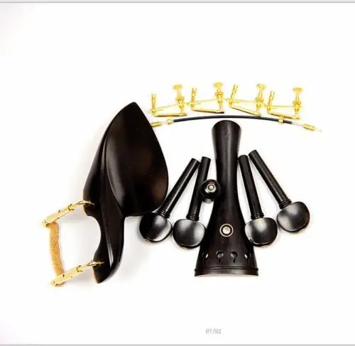 

Free Shipping 1 Set New Ebony Wood 4/4 Violin Parts Chin Rest Golden Clamps Tailpiece Strings Tuners Pegs Endpin Tail Gut