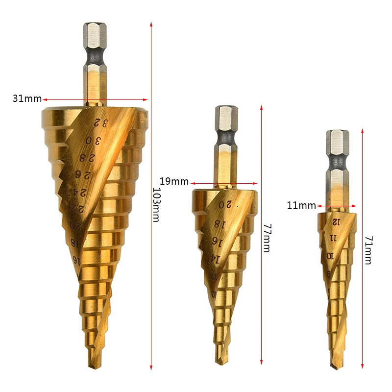 HSS Titanium 4-12/20/32 мм спираль рифленые шестигранным хвостовиком Металл Step отверстия сверлом резак конический сверления отверстия пила Инструмент