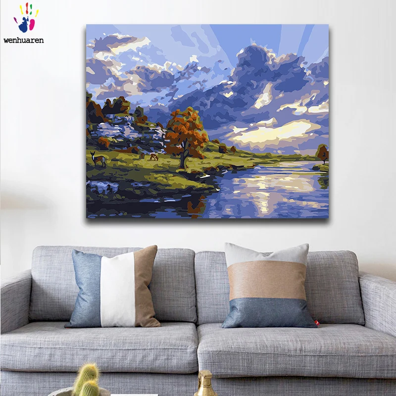DIY Coloring paint by numbers Forest landscape and animals paintings with kits 40x50 framed | Дом и сад