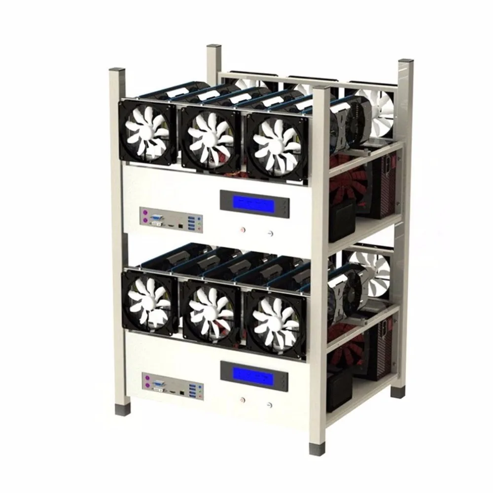 Совместимый 6 GPU открытый корпус для добычи воздуха компьютер ETH Miner Frame Rig с 6 вентиляторами и дисплей, показывающий температуру системы хорошее тепловыделение