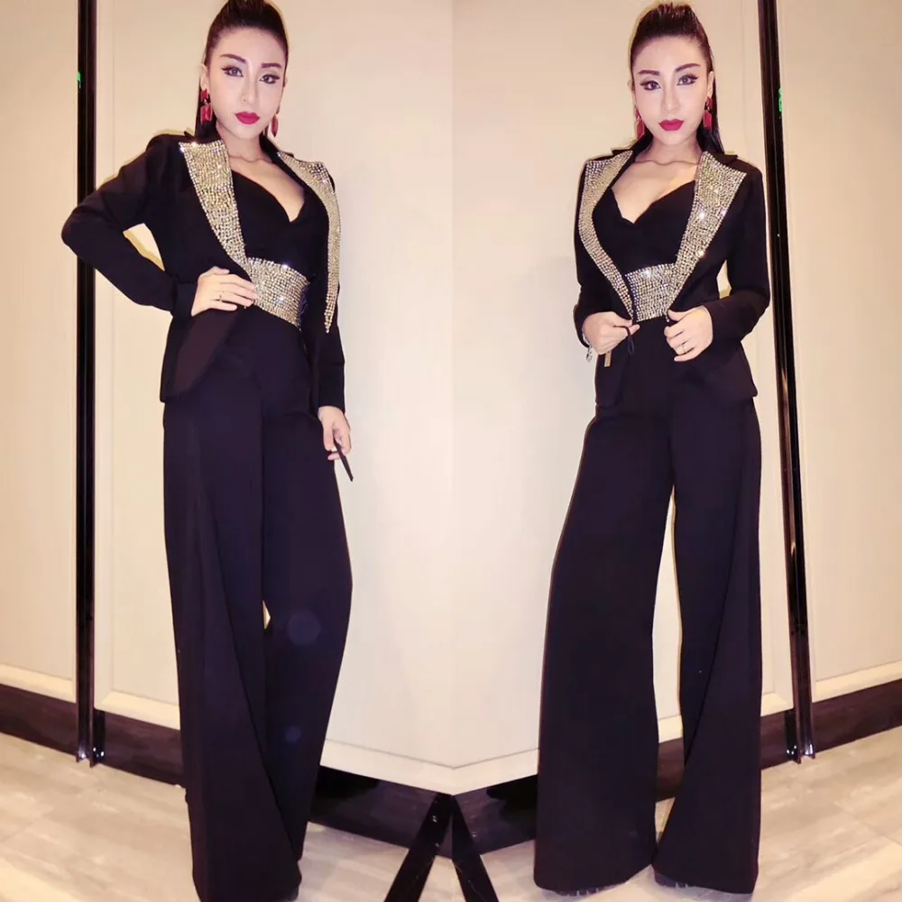 

Sparkly Crystals Stones Jacket Bra Pants 3 Piece Outfits Female Formal Suits Lady Singer Host Stage Costumes Bar Clubs Clothing