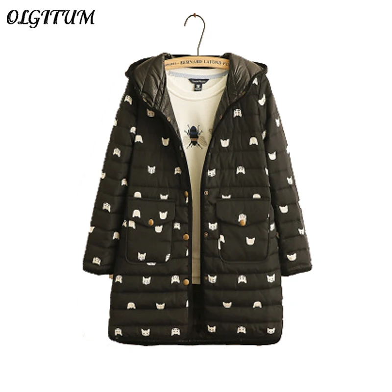 

2019 New Women Winter loose cotton coat casual cartoon cat printting thickening cotton liner coat Long hooded cotton outwear