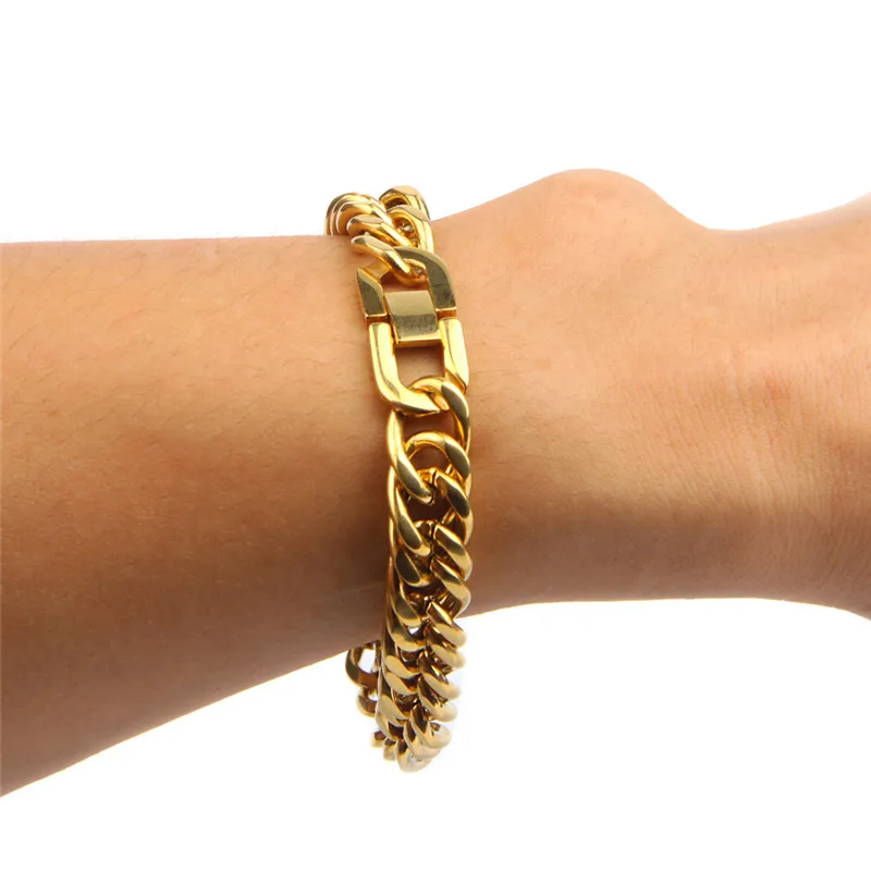 Золотой хип хоп Jewelry подарки Для женщин мужчин шарм 12 мм 14 Сталь ссылка Браслеты