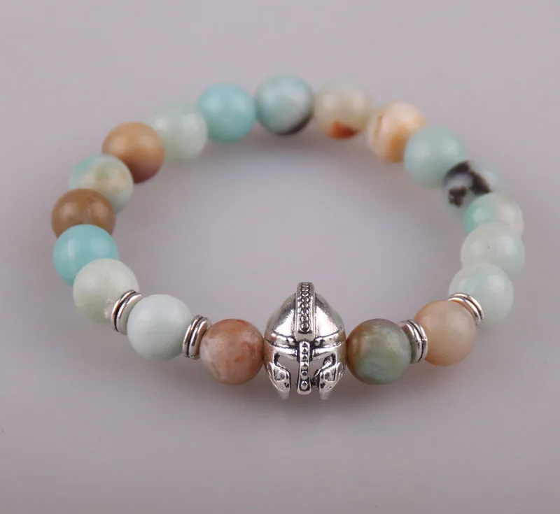 MOODPC Fashion Women Dress Armband 8mm Amazonite Natural stone Antique Gold Roman Warrior Gladiator Helmet Bracelet | Украшения и