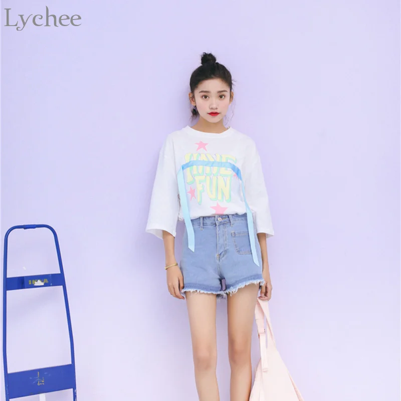 Милая Летняя женская футболка Lychee Повседневная Свободная с буквенным принтом