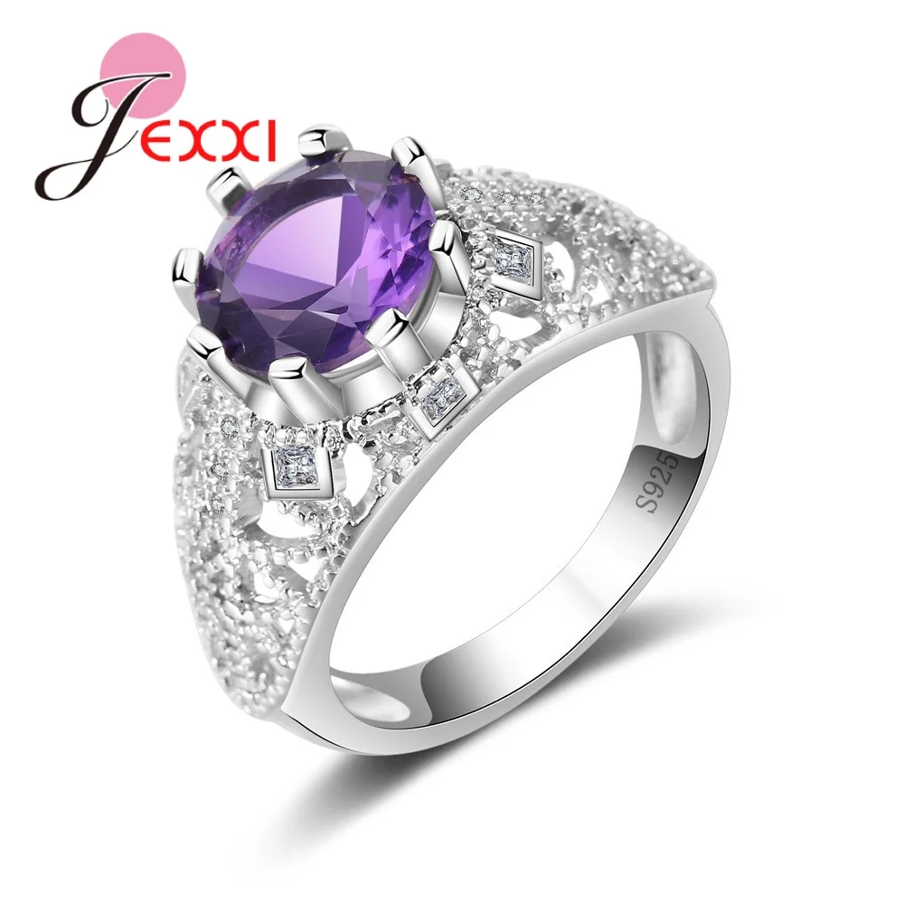 

Women Vintage Rings Jewelry With Round Purple Crystal Fashion 925 Sterling Silver Zircon Engagement Finger Ring For Female