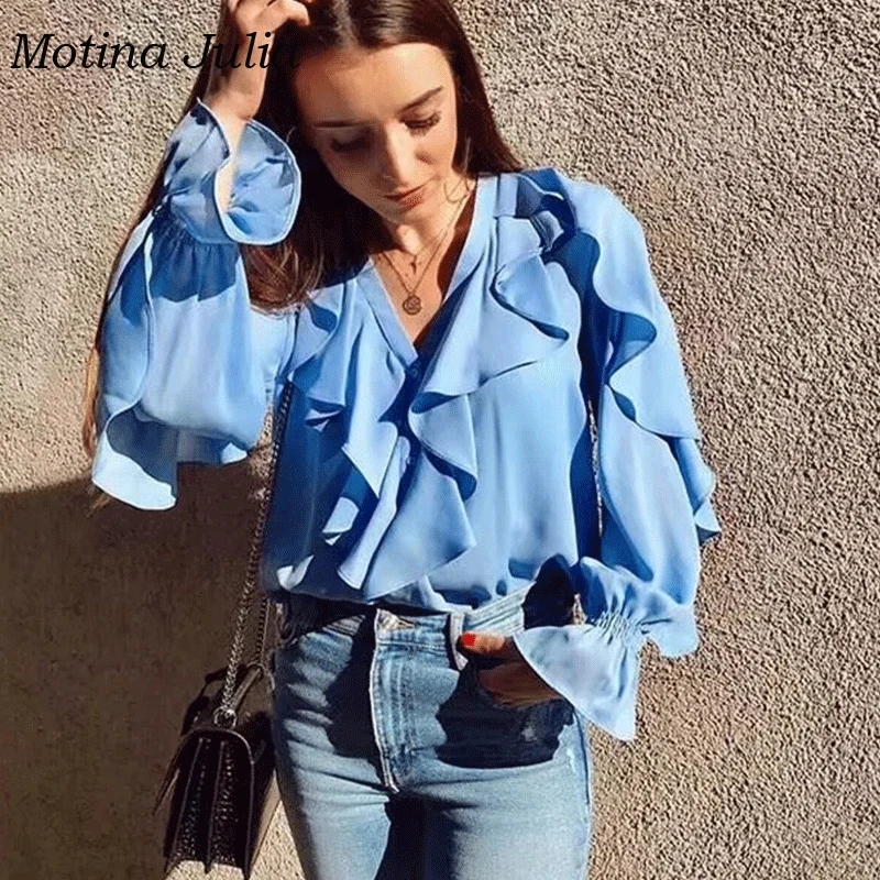 Мотина Юлия chic рюшами женские блузки рубашки 2019 Новинка весны v образным вырезом