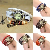 women vintage eiffel tower multilayer braided faux leather bracelet wrist watch zegarki damskie new vintage