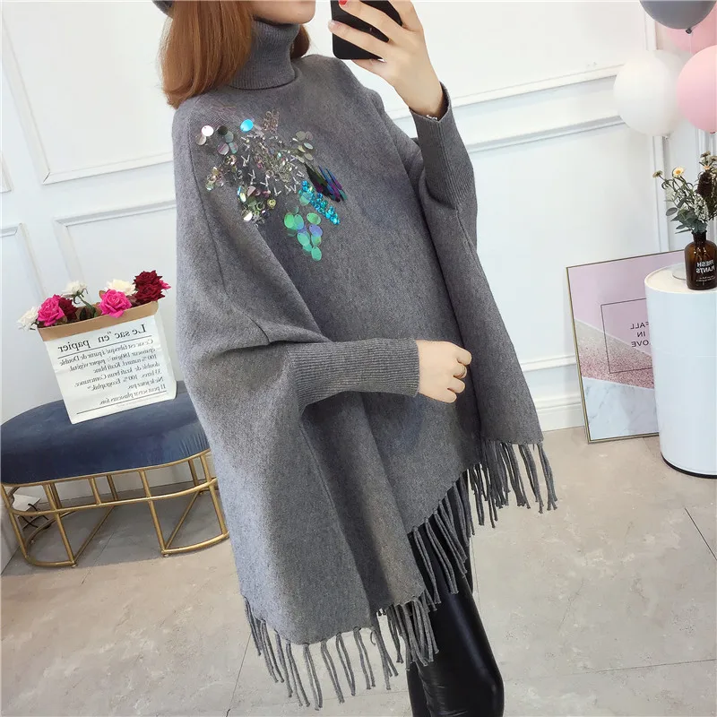 2021 Women Pullover Fashion Autumn Winter Warm Wrap Swing Turtleneck Sweater Long Sleeve Applique Sequins | Женская одежда