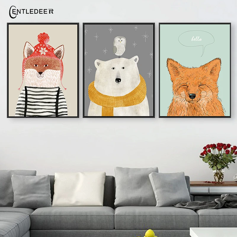 Nordic Cute Animal Wall Art Poster Bear Fox Canvas Painting Home Decoration On The Living Room No Frame Pictures | Дом и сад