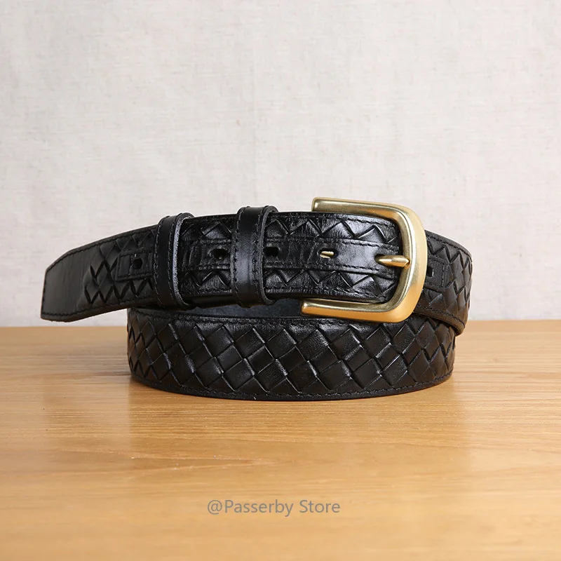 High Quality Top Layer Cow Leather Belt Handmade Men's Belt Cowskin Business Style Woven Pattern Casual Belts for Male