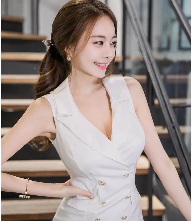 2018 летнее Новое Женское модное платье с v образным вырезом без рукавов двубортное