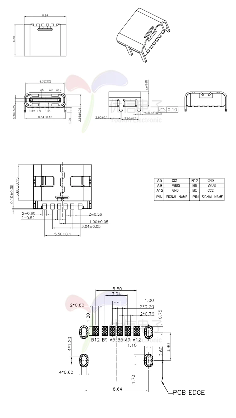 20 шт./лот 6 Pin разъем SMT Micro Тип usb C 3 1 женского размещения микросхема для PCB дизайна