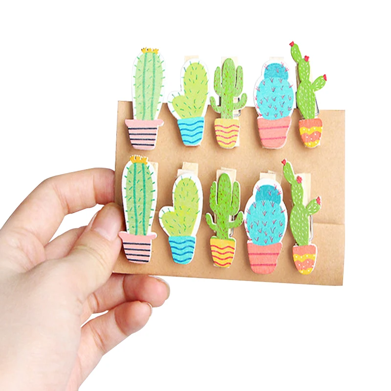 

10pack/lot Creative Carton Cactus Wooden Clip Rope with hemp Photo paper Postcard Clips Party Decoration Hung photos Clips