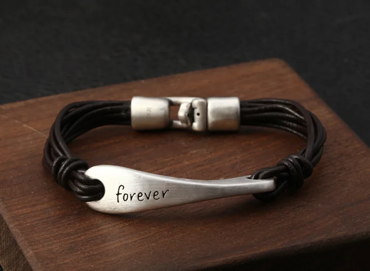 Женские браслеты с буквами Forever Love и кожаной веревкой, браслет, Настоящее серебро s990. ювелирные изделия для мужчин, браслет B3