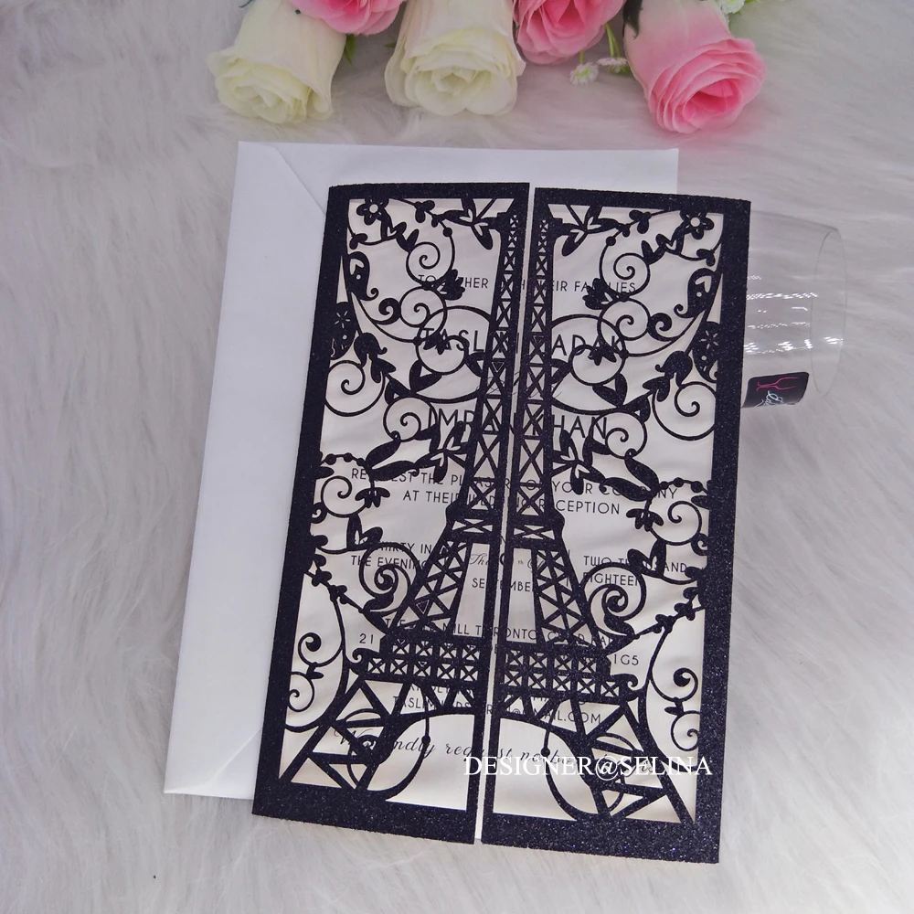 Black Glitter Tower Paris Laser Cut Invitations for QuinceaneraSweet Sixteen Birthday Party Invite 50pcs/lot | Дом и сад