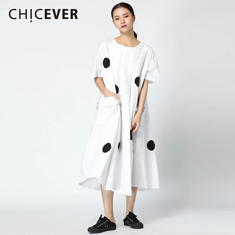 Женское платье в горошек CHICEVER летнее большого размера с о вырезом и коротким