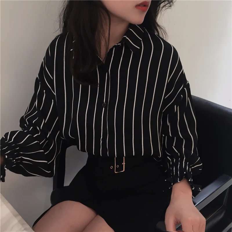 Повседневная Женская блузка в полоску с длинным рукавом Новинка осени 2018 женские
