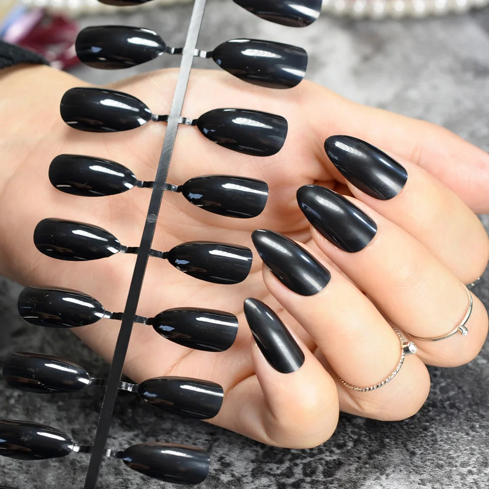 Buy Stilettos Sharp False Nail Tip Pure Solid Black Sexy Art Acrylic Artificial Stiletto Fake Nails Fuax Ongles Full Cover on