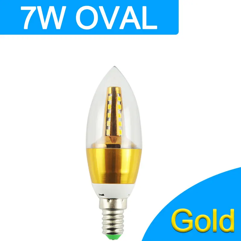 Golden 7w Oval GreenEye светодиодный светильник E14 220 В золотистого и серебристого цвета, алюминиевая свеча, светильник 7 Вт 9 Вт 12 Вт для хрустальной люстры, антикварная лампа, ампула - Испускаемый цвет: Golden 7w Oval
