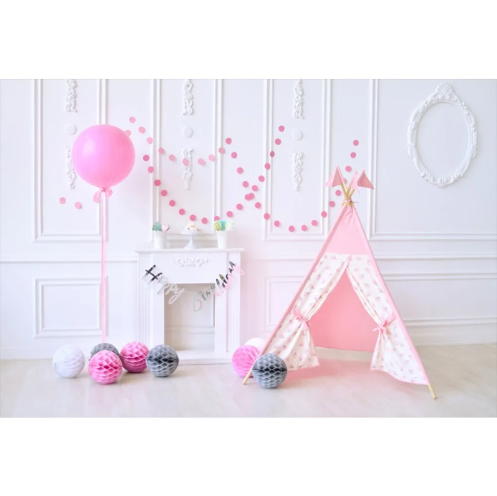 Laeacco Photo Backdrops Pink Chic Wall Balloons Tent Fireplace Dessert Floral Baby Birthday Party Backgrounds Studio | Электроника