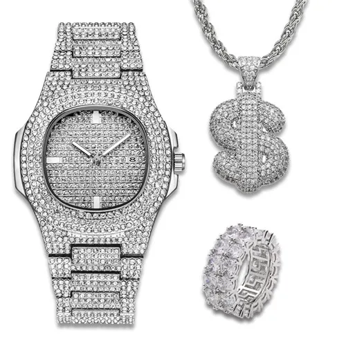 silver set Lureen полный кварцевые часы в стиле «хип-хоп» долларовый кулон Цепочки и ожерелья CZ большое каменное кольцо Для мужчин комбинированный комплект ювелирных изделий вечерние подарок W0001 - Окраска металла: silver set