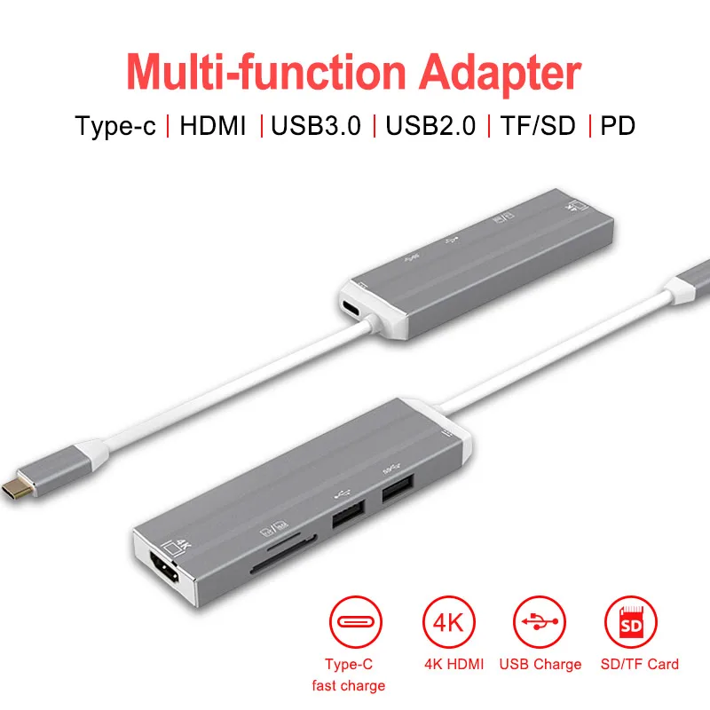 6 In 1 Type C Adapter To HDMI USB2.0 3.0 Multi Function USB-C Converte to SD/TF Hub For Laptop Macbook Samsung Huawei