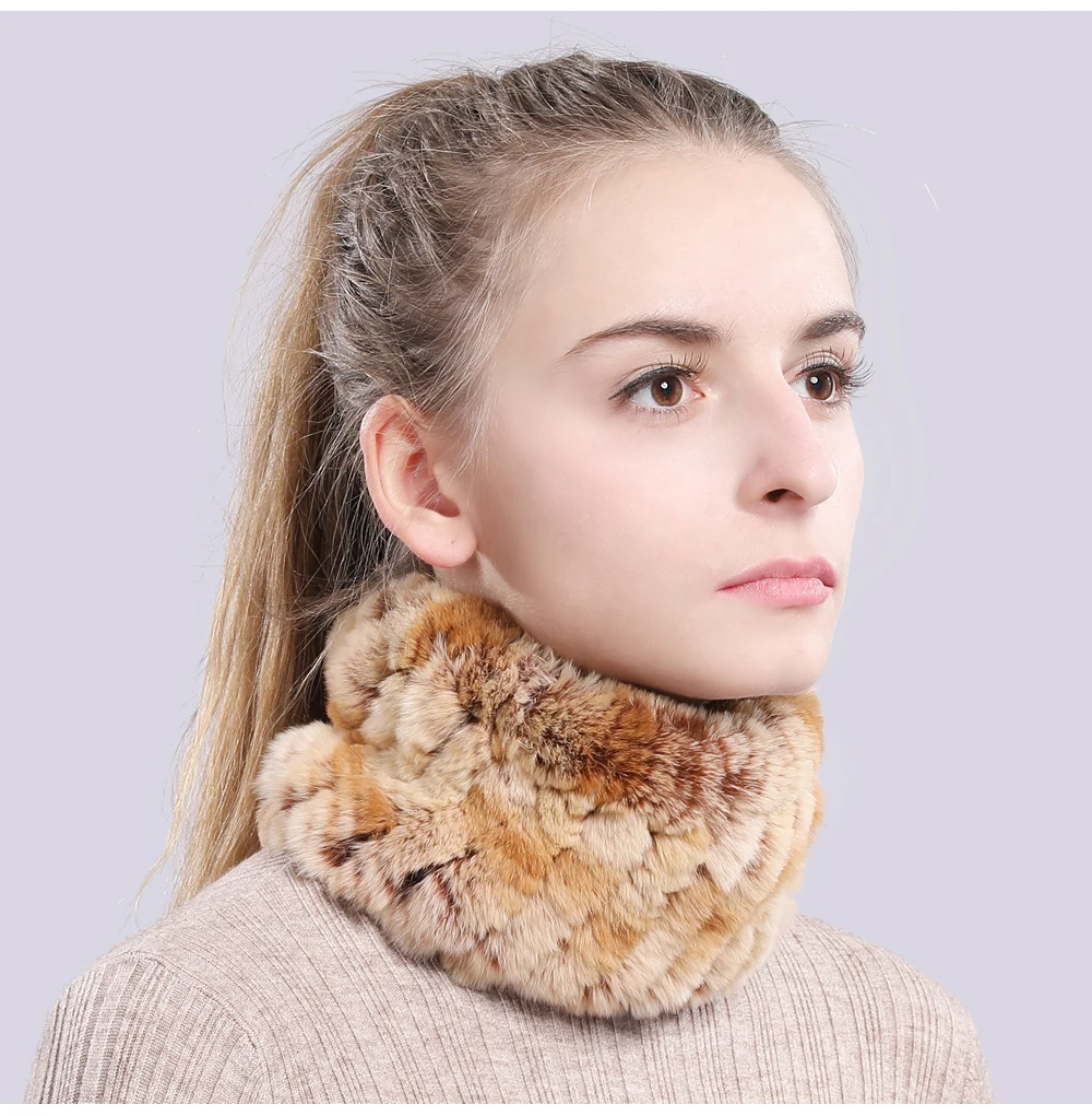 Women Real Fur Handmade Stretch Fur Scarf Knit Genuine Rex Rabbit Fur Headbands Girls Natural Fur Ring Cowl Snood Scarves Winter