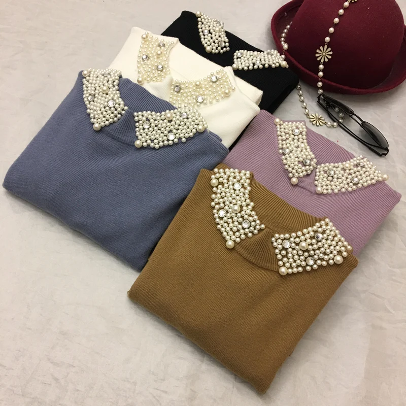 ALPHALMODA Beaded Collar Pullover Women Sweet Jumpers 2017 Winter New Ladies Solid Color Graceful Bottom Sweater | Женская одежда