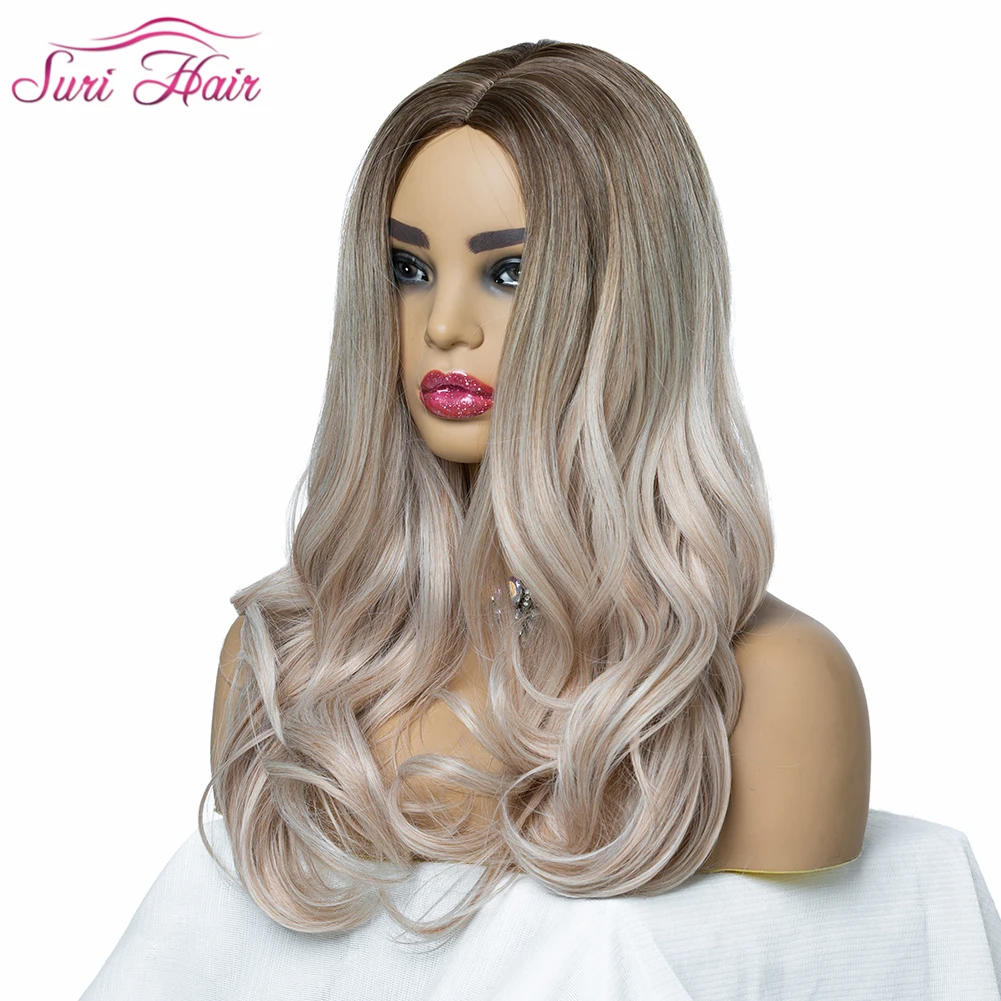 Suri Hair, Женские синтетические парики, длинные волнистые парики, 3 цвета, для косплея, Омбре, коричневый, пепельный, блондин, смешанные парики, 130% плотность, средний размер