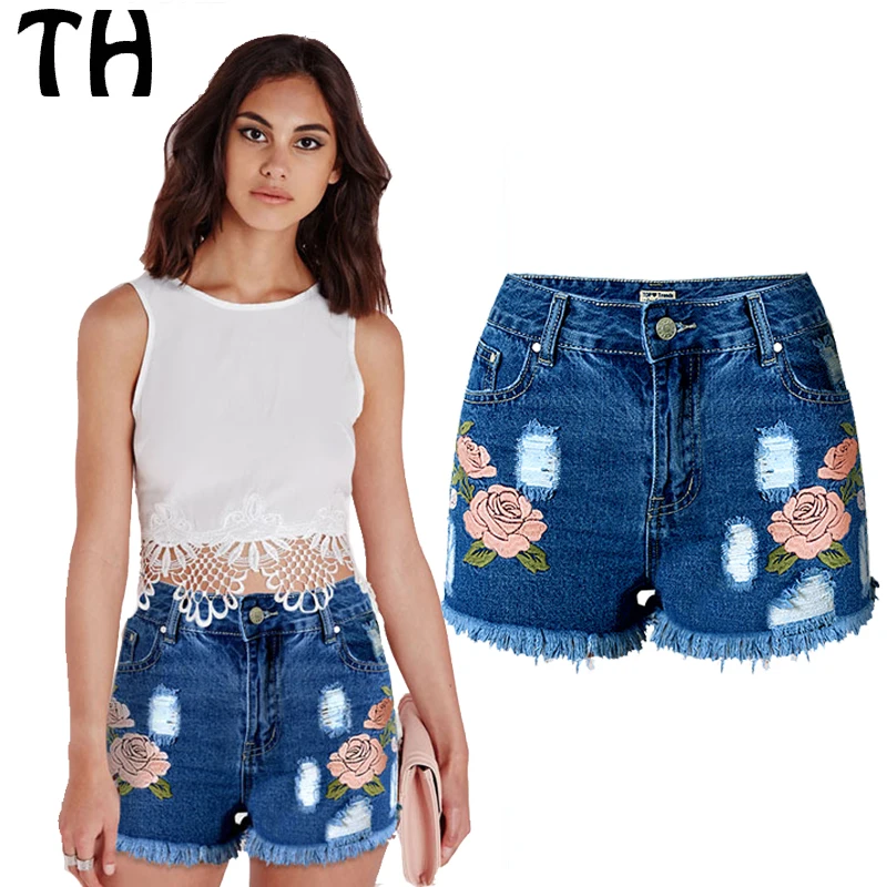 

Шорты с цветочной вышивкой и высокой талией Korte Broek, женские эластичные летние рваные джинсы, короткие синие джинсы #160739