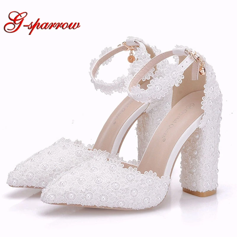 

2019 White Lace Women Pumps Pointed Toe Spring Ankle Strap High Heel Wedding Party Shoes Chunky Heel Evening Party Dancing Shoes