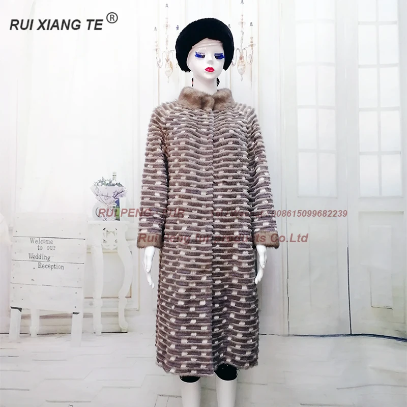 

RuiXiangTe women real fur coat mink strip sewed jacket warm winter real mink outerwear rex rabbit knitting long coat