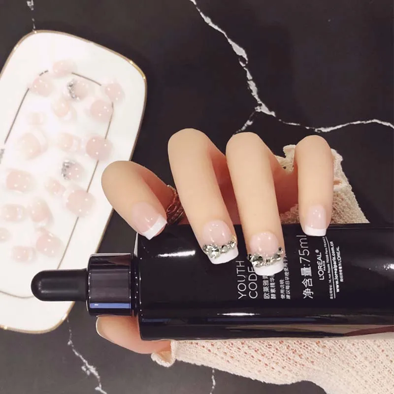 

24 шт. летние 3D блестящие Кристальные Короткие квадратные накладные ногти телесного и розового цвета с полным покрытием искусственные худож...