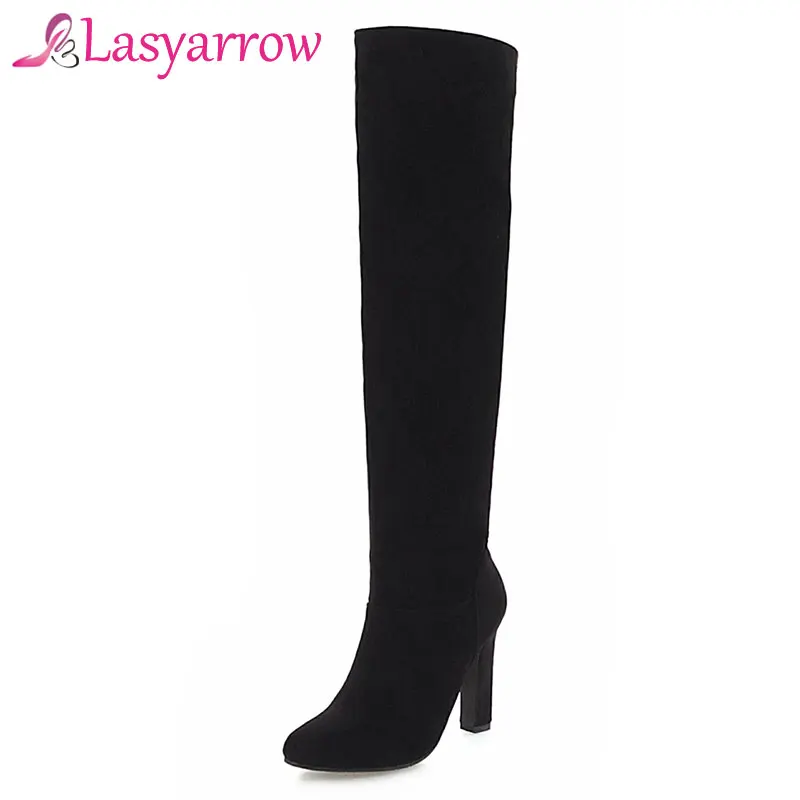 

Lasyarrow Chunky High Heels Over the Knee High Boots Pointed Toe Flock Leather Thigh High Boots Fashion Zipper Long Boots Woman