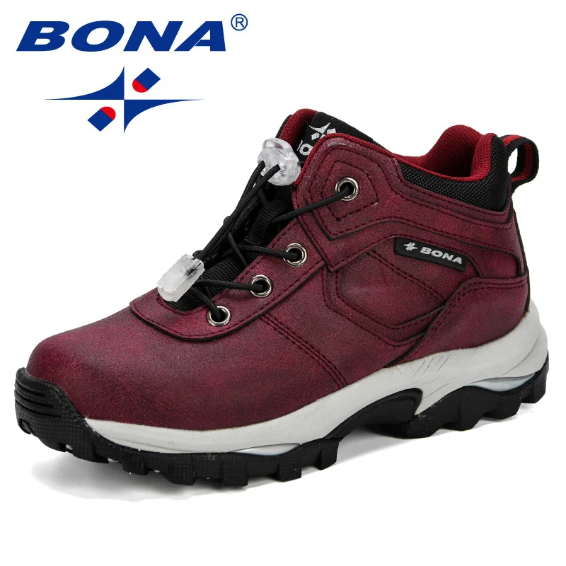 Dark red BONA/модные кроссовки для мальчиков и девочек; детские школьные спортивные кроссовки из искусственной кожи; Повседневная стильная удобная дизайнерская обувь для катания на коньках - Цвет: Dark red