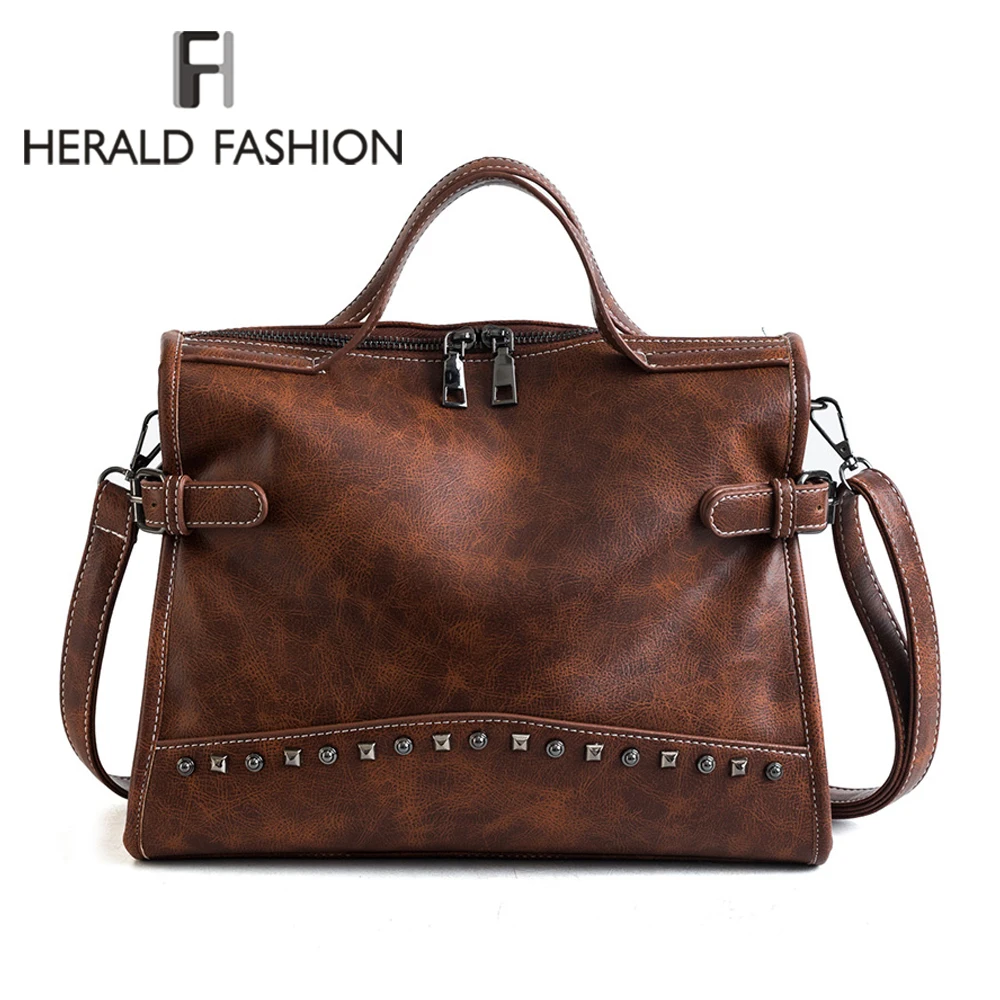 Herald Fashion Женская винтажная сумка с заклепками качественная кожаная мессенджер