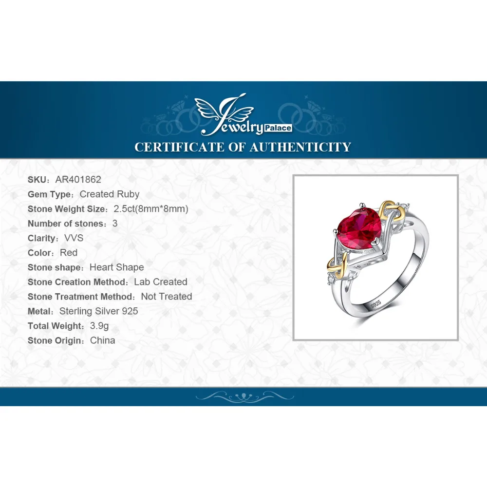 Jewelrypalace Любовь Узел Сердце 2.5ct создан красный рубин Обручение кольцо