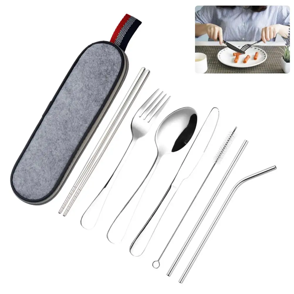 8Pcs Portable Flatware Stainless steel Spoon Chopsticks Cleaning Brush Set Silverware Travel Utensils Set with Case Straw