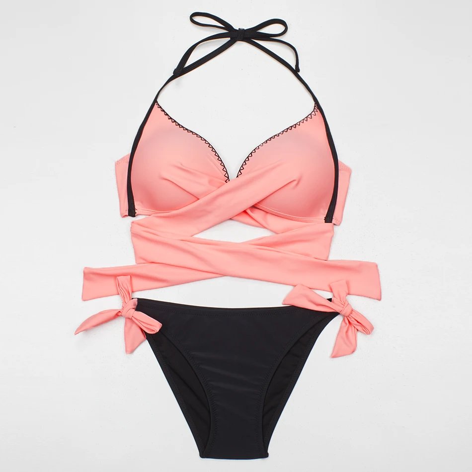 Женское бикини с пуш апом ESSV сексуальное перекрещенными завязками на шее пляжный