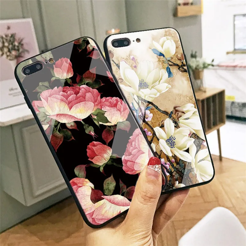 Градиентный чехол для телефона из закаленного стекла с цветком iphone 6 6s Plus 7 8 X XS XR