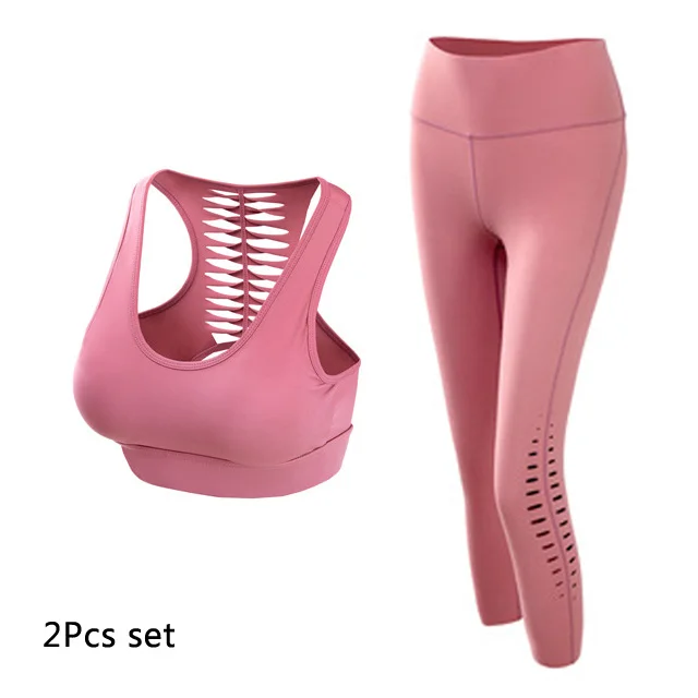 Brown 2Pcs Set Женский комплект для йоги, бесшовный спортивный бюстгальтер для йоги с высокой талией, леггинсы для спортзала, спортивный костюм пуш-ап, костюм для фитнеса для тренировки - Цвет: Brown 2Pcs Set