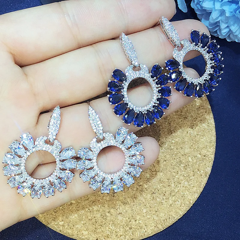 Женские круглые серьги подвески GAOLA свадебные с цветком из фианита GLE6659Y|wedding